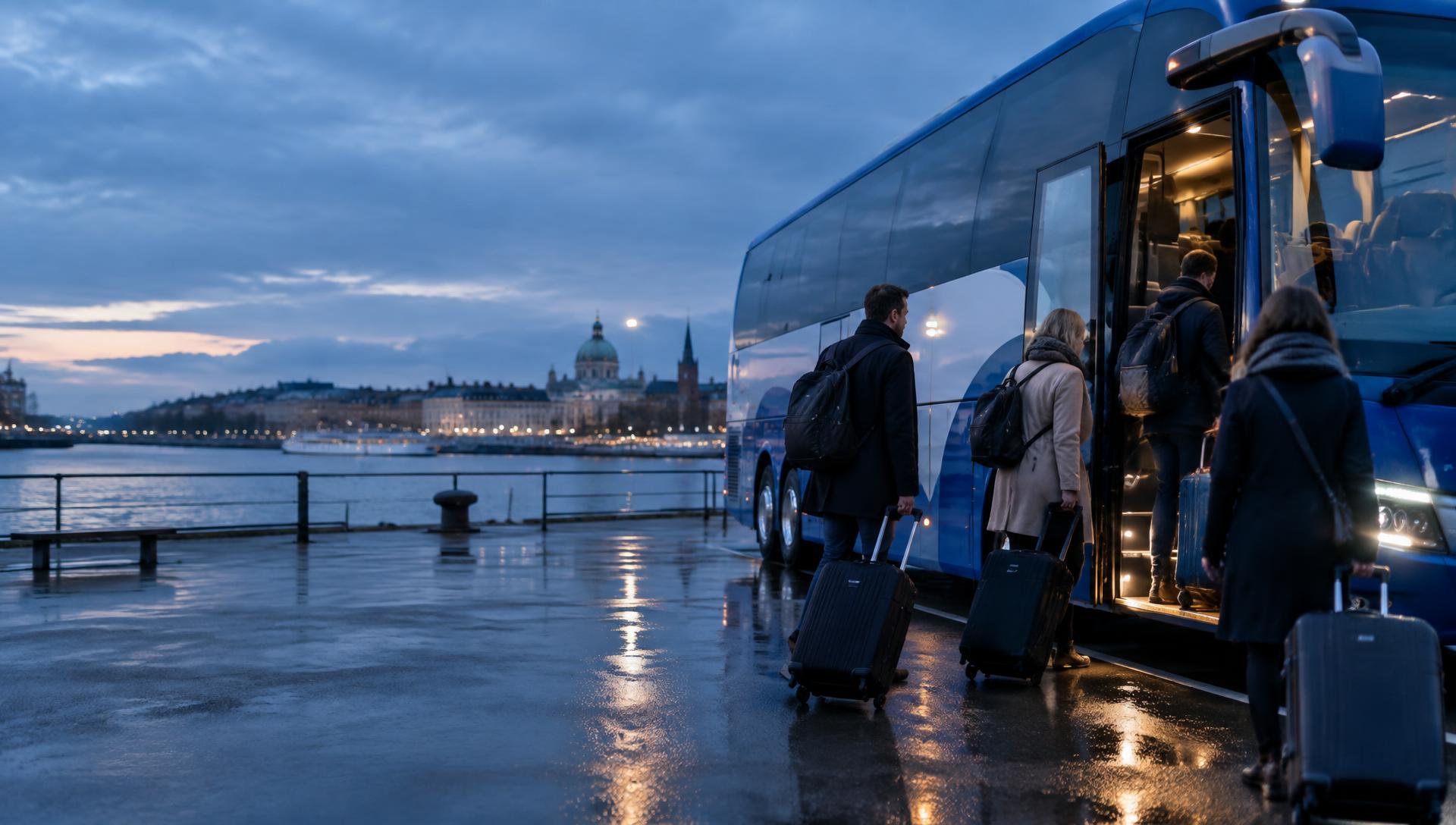 Passagerer stiger ombord i en moderne turistbus ved havnefronten i skumringen